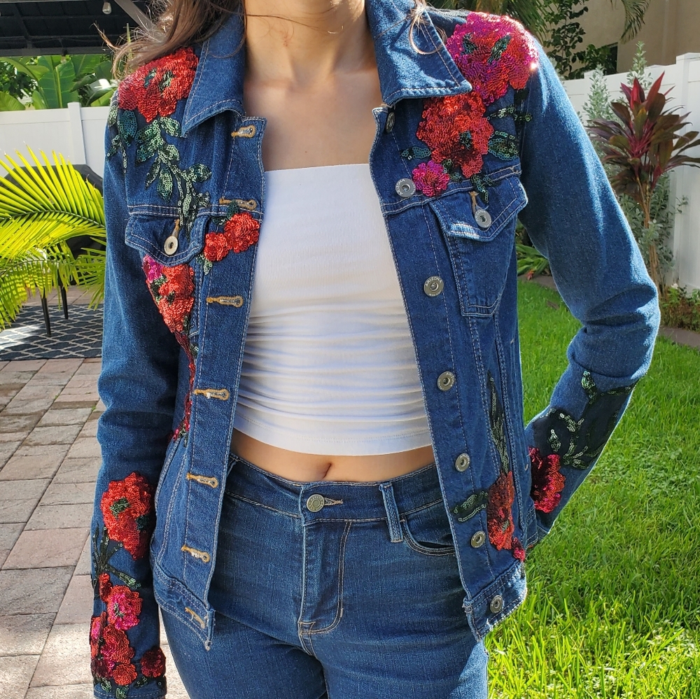 Denim Jacket With red flowers